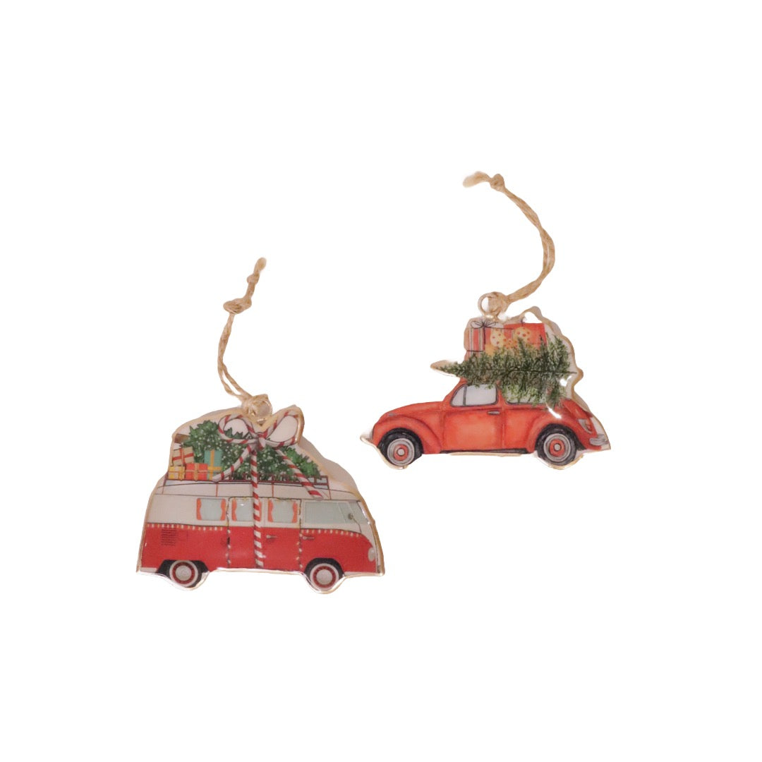 Holly Jolly bil og buss julepynt sett à 2